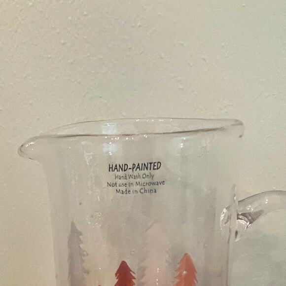 Hand-Painted Glass Pitcher Pink and White Christmas Pine Tree Forest New RARE - Picture 11 of 16